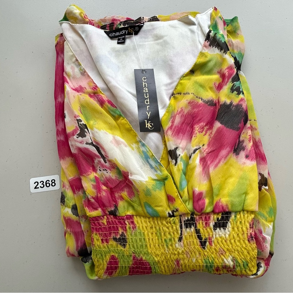 Chaudry Dress Womens Small V Neck Sleeveless Yellow Abstract Midi New - Picture 10 of 10